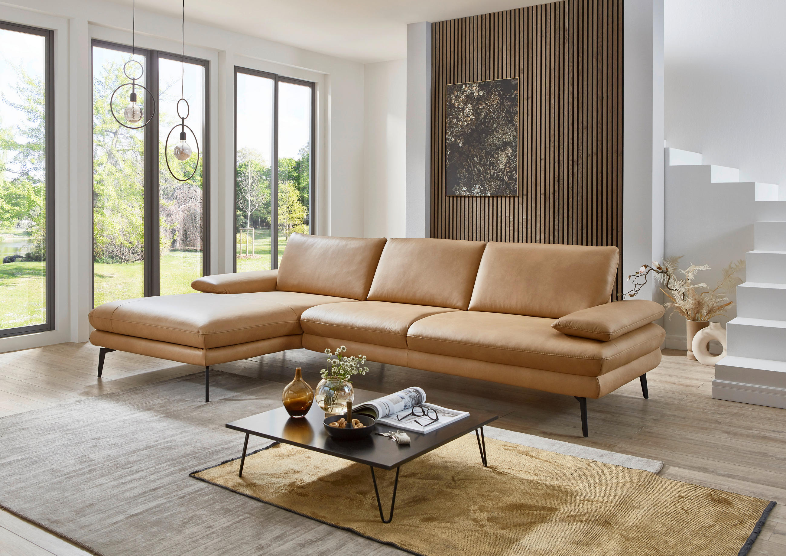ECKSOFA in Echtleder Honig  - Schwarz/Honig, Design, Leder/Metall (180/310cm) - Dieter Knoll