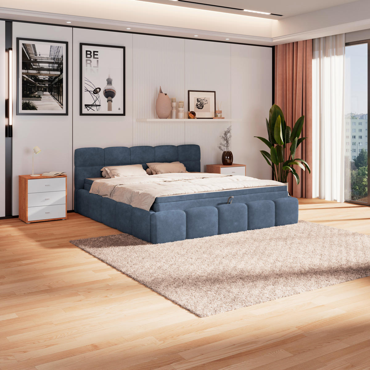 POLSTERBETT 160/200 cm,  in Blau, Matratze, Bettkasten, H3 = fest  - Blau/Schwarz, Trend, Kunststoff/Textil (160/200cm)