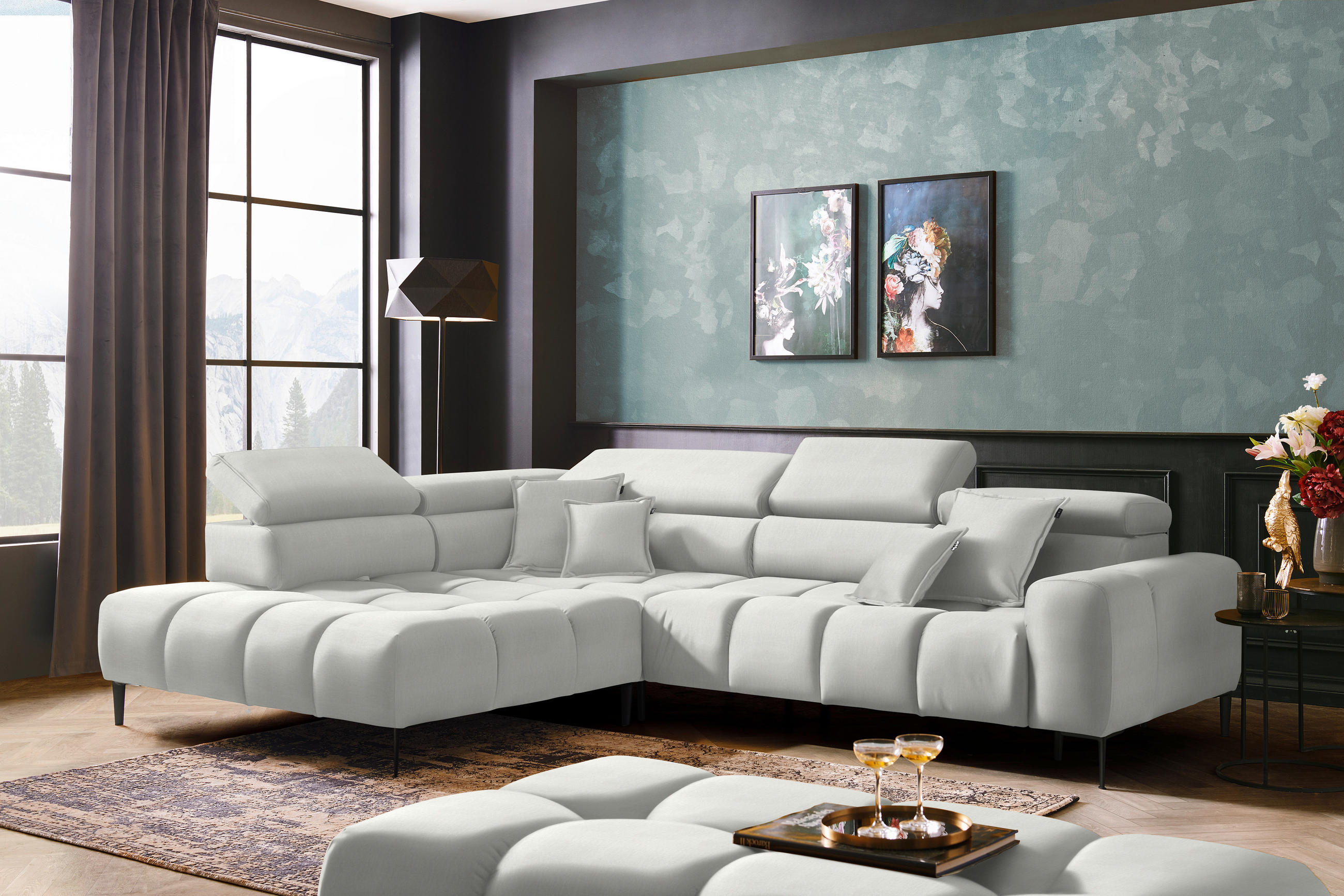 ECKSOFA in Samt, Webstoff Creme  - Creme/Schwarz, Design, Textil/Metall (216/300cm) - Welnova