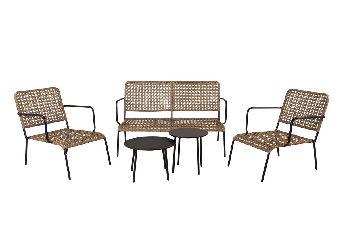 LOUNGEGARNITUR Rattan Stahl  - Dunkelgrau/Schwarz, KONVENTIONELL, Naturmaterialien/Holz - Gardenson
