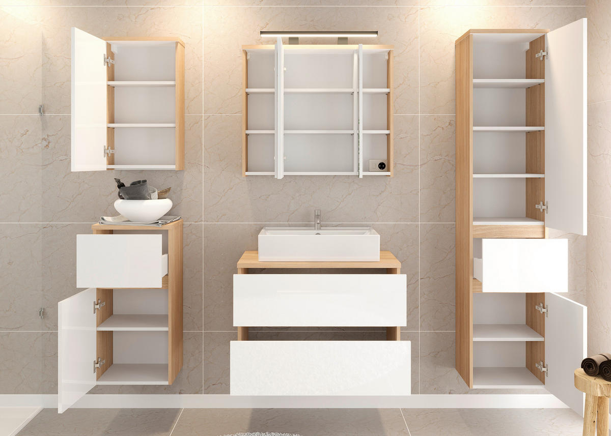 UMIVAL. ENOTA Z UMIVALNIKOM 80/67/47 cm  - bela/visoki sijaj, Basics, leseni material/keramika (80/67/47cm) - Ti'me