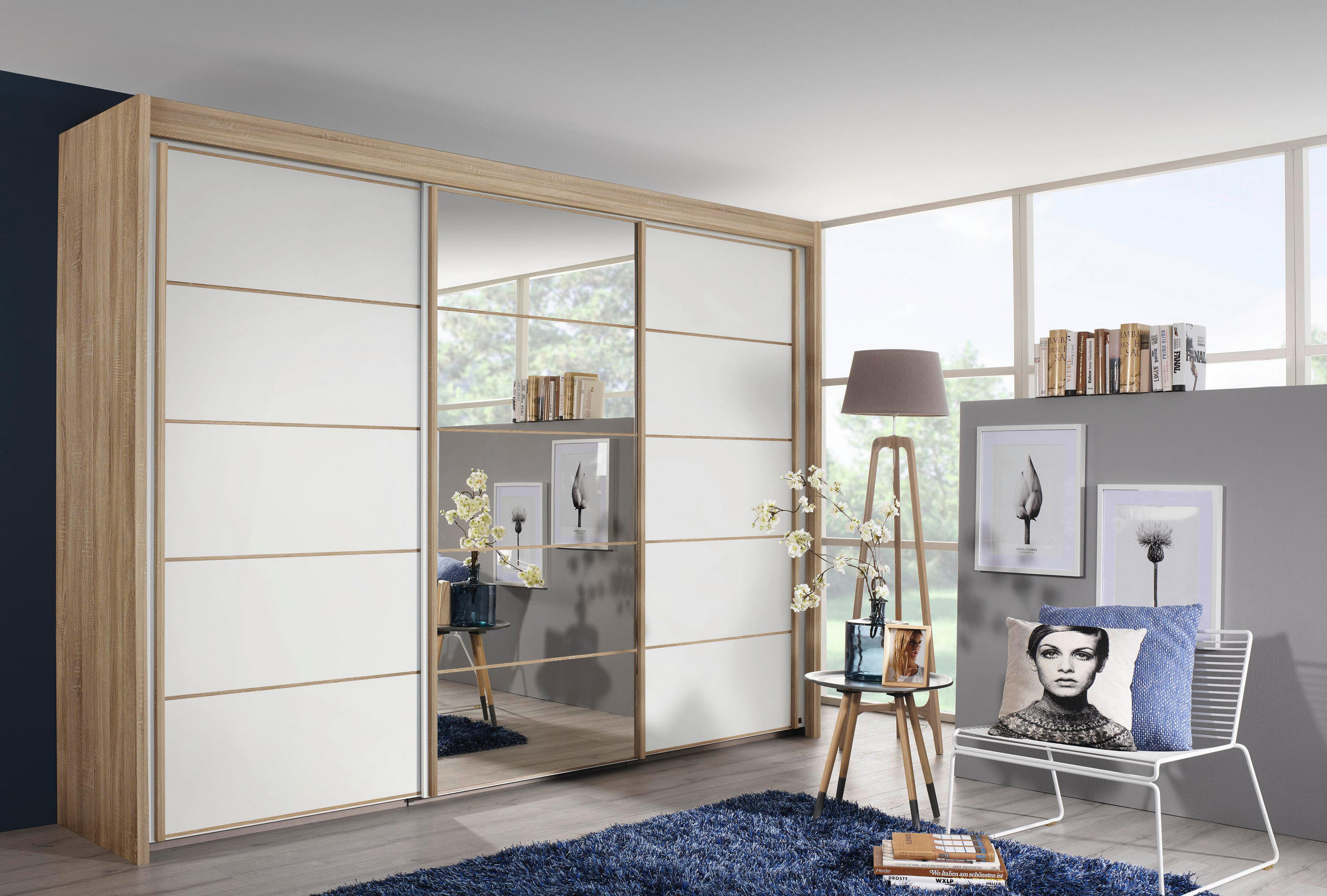 SCHWEBETÜRENSCHRANK 225/197/65 cm 3-türig - Eichefarben/Weiß, Basics, Glas/Holzwerkstoff (225/197/65cm) - Cantus