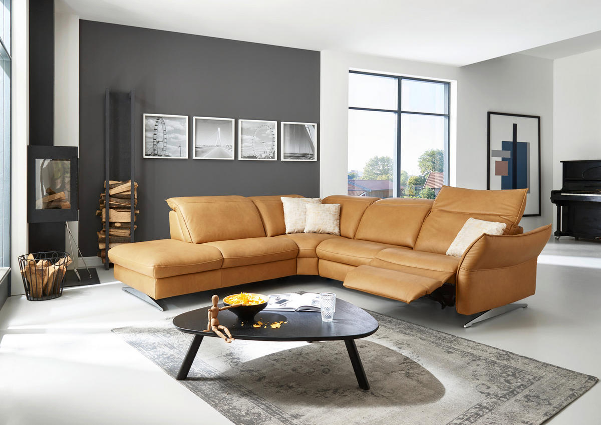 ECKSOFA in Echtleder Orange  - Edelstahlfarben/Orange, Design, Leder/Metall (258/292cm) - Hukla
