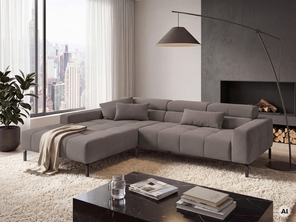 ECKSOFA Taupe Feincord Rücken echt, Kopfteilverstellung, Sitztiefenverstellung  - Taupe/Schwarz, KONVENTIONELL, Textil/Metall (226/293cm) - Hom`in