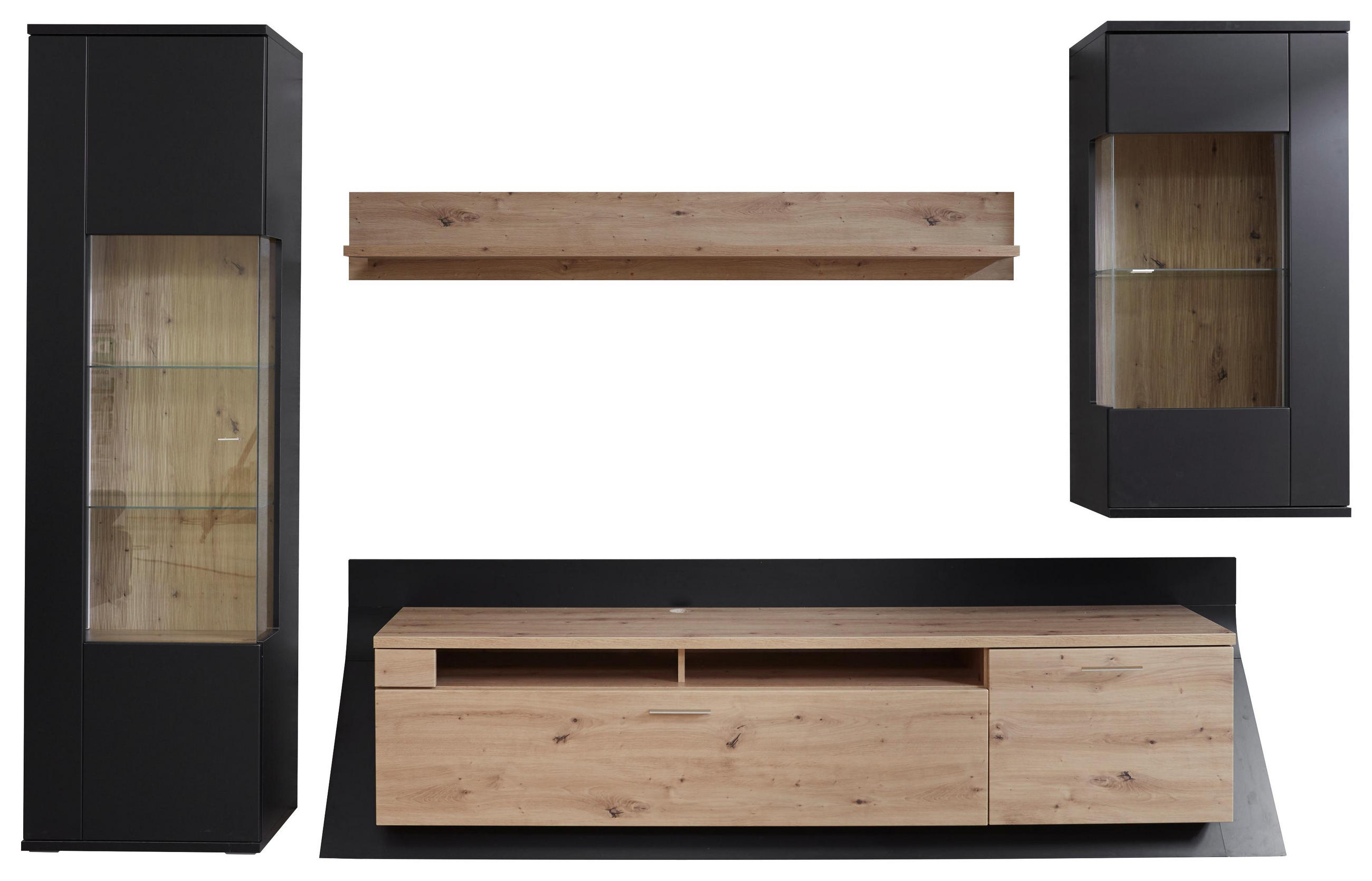 Wohnwand in Schwarz, Eichefarben
