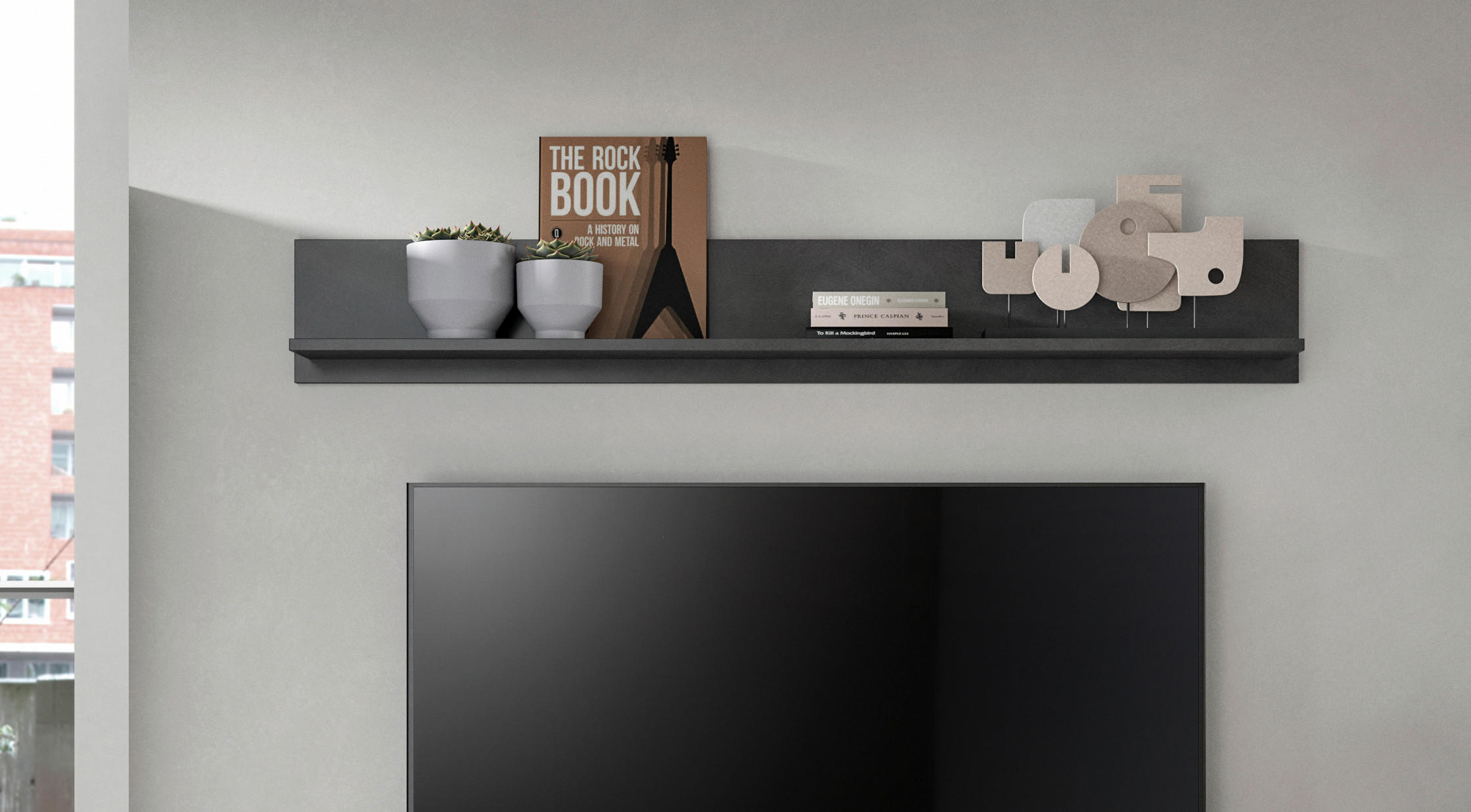 MID.YOU NÁSTĚNNÁ POLICE, antracitová, přírodní barvy, 140/20/15 cm