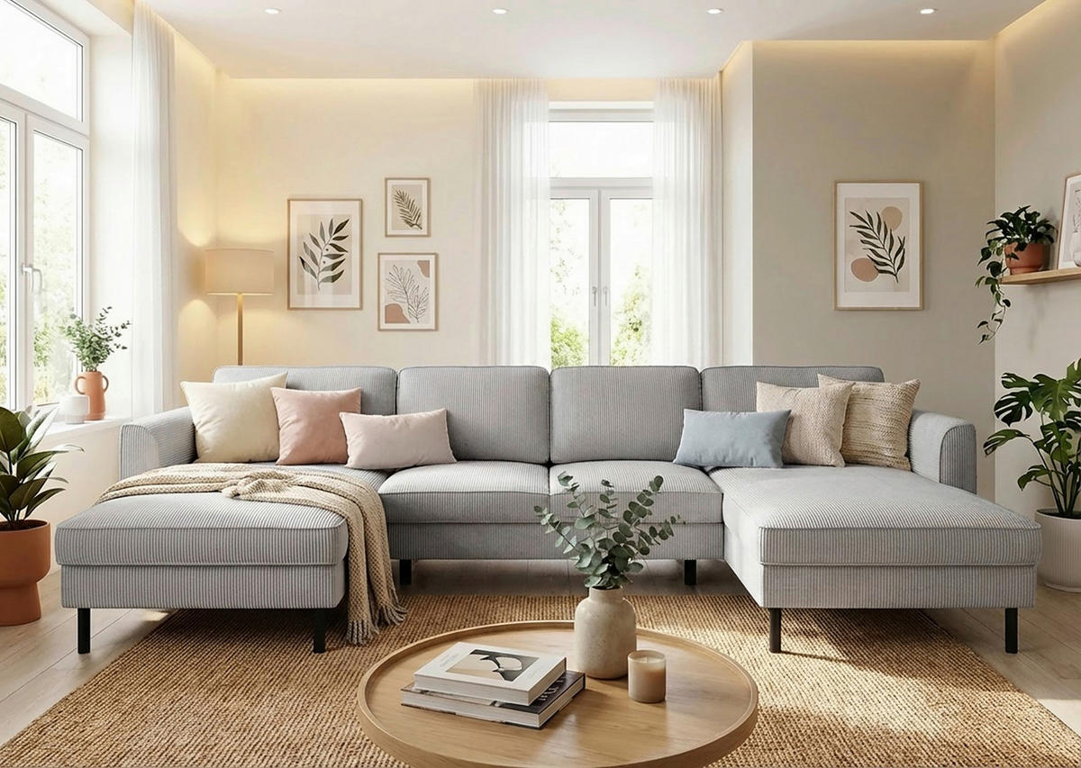 WOHNLANDSCHAFT Grau Cord  - Schwarz/Grau, MODERN, Textil/Metall (161/306/161cm) - Trendmanufaktur