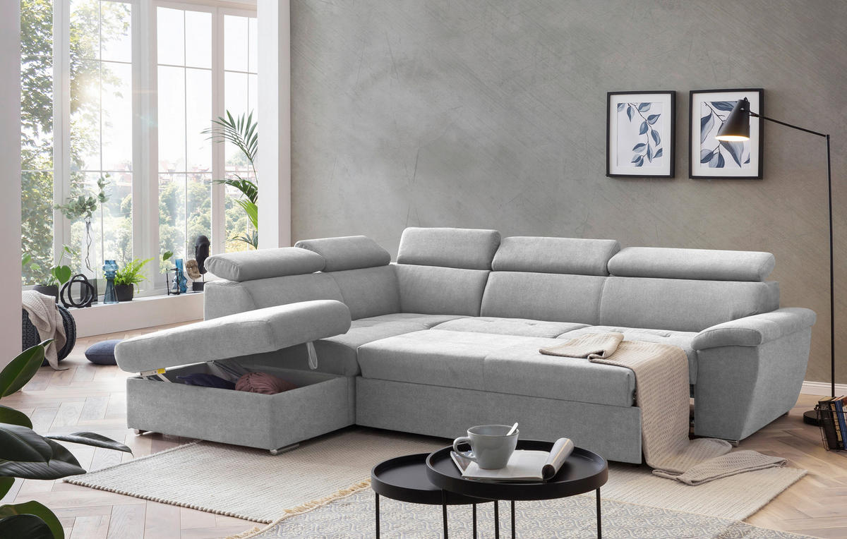 ECKSOFA in Chenille Grau  - Chromfarben/Schwarz, Design, Textil/Metall (216/262cm) - Livetastic
