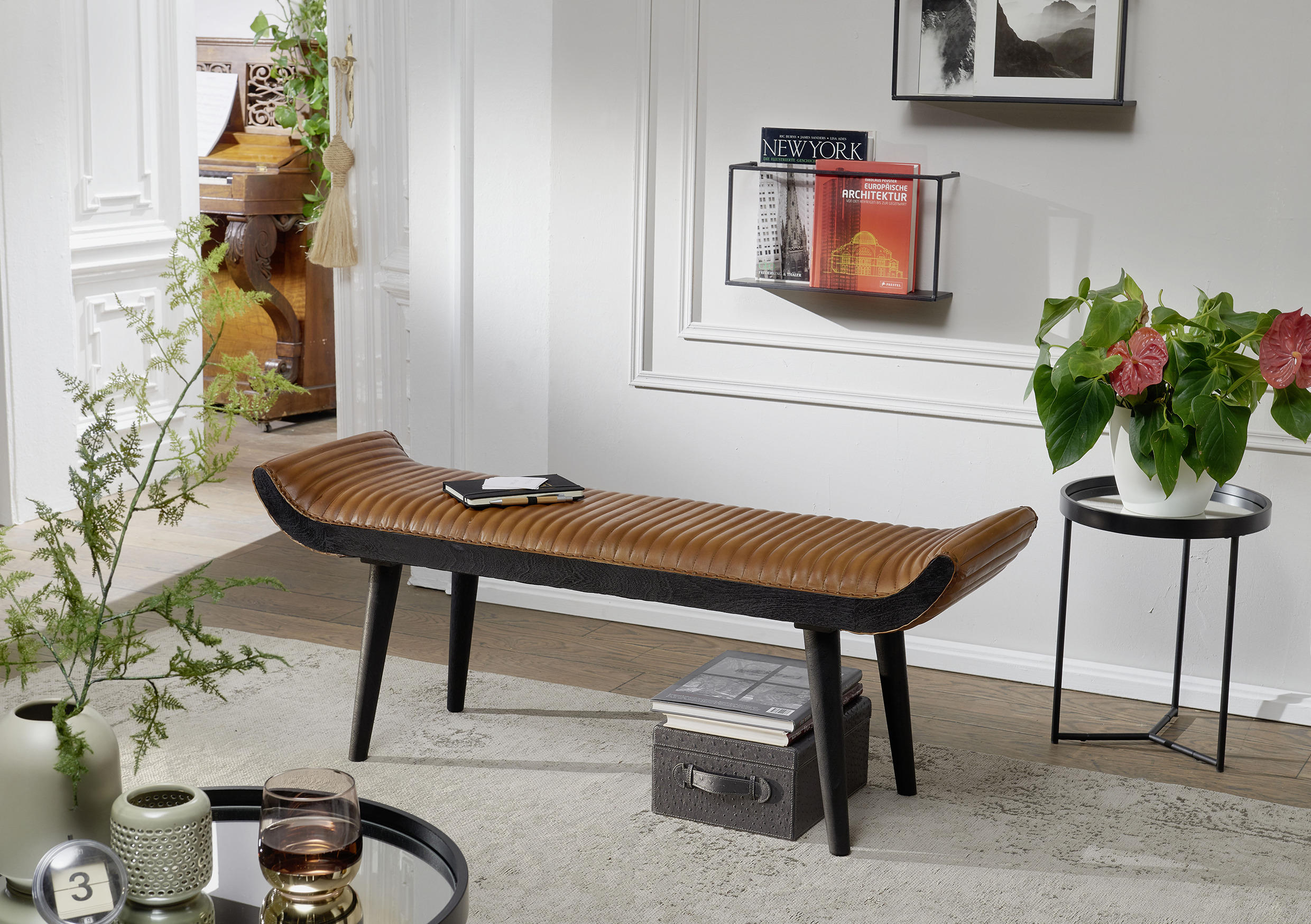 SITZBANK 128/51/38 cm Echtleder Braun Holz  - Schwarz/Braun, MODERN, Leder/Holz (128/51/38cm) - MID.YOU