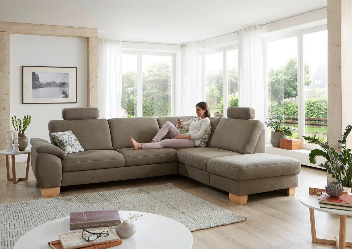 ECKSOFA in Mikrofaser Hellgrün  - Wildeiche/Beige, Konventionell, Holz/Textil (236/286cm) - Voleo