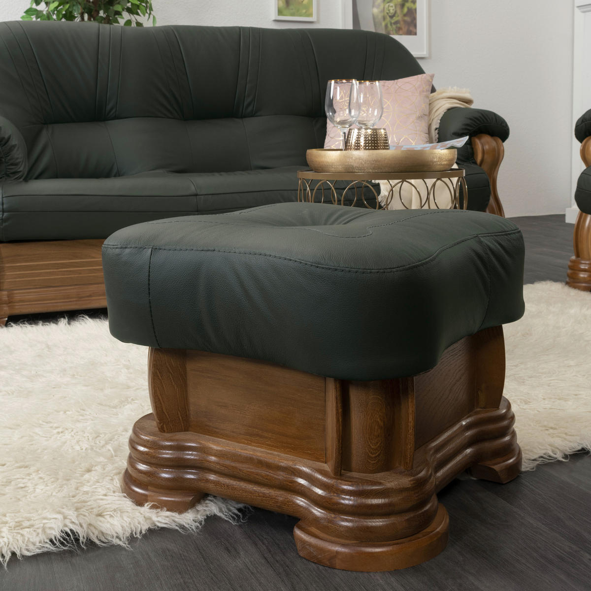 HOCKER in Holz, Leder Dunkelgrün  - Dunkelgrün, Konventionell, Leder/Holz (50/40/50cm) - Max Winzer
