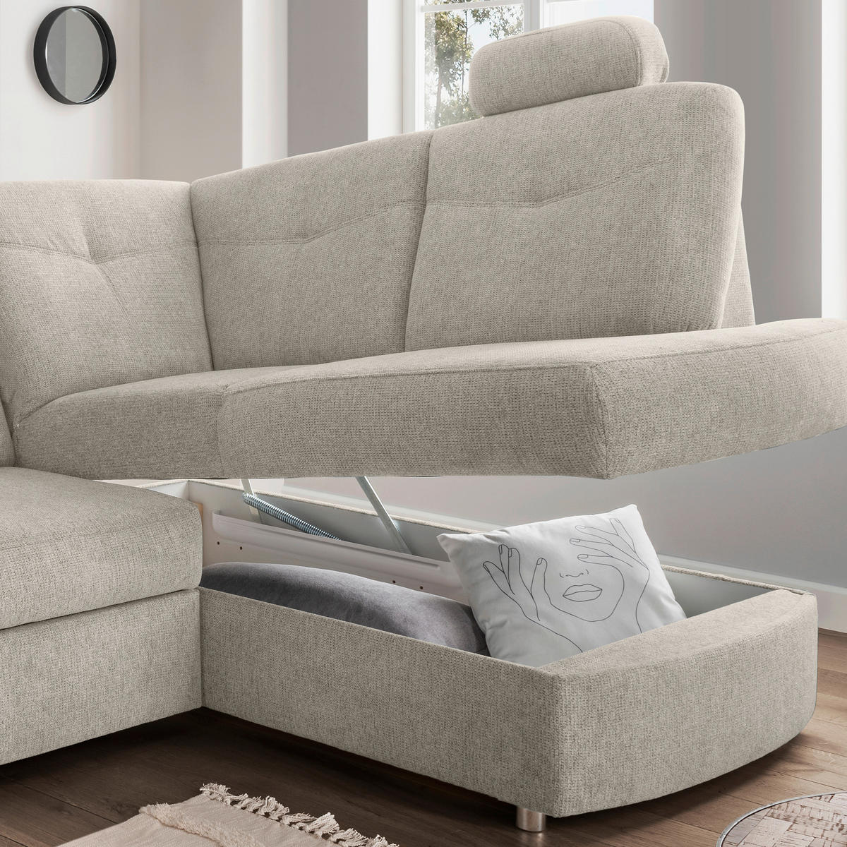 ECKSCHLAFSOFA in Chenille Beige  - Chromfarben/Beige, Modern, Kunststoff/Textil (264/180cm) - Livetastic