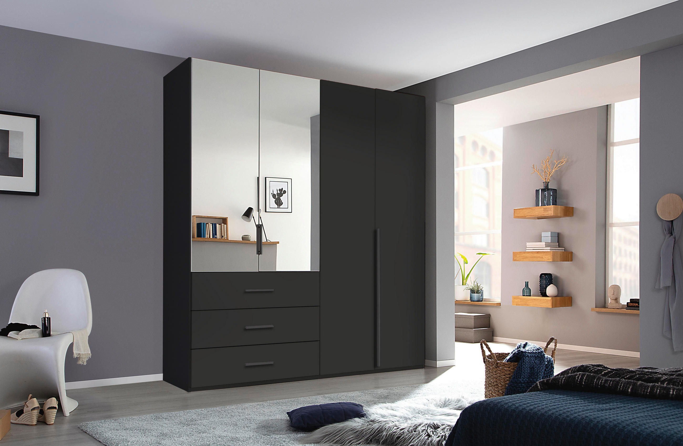 DREHTÜRENSCHRANK 201/223/60 cm,  in Schwarz, 4-türig  - Graphitfarben/Schwarz, Design, Glas/Holzwerkstoff (201/223/60cm) - home24