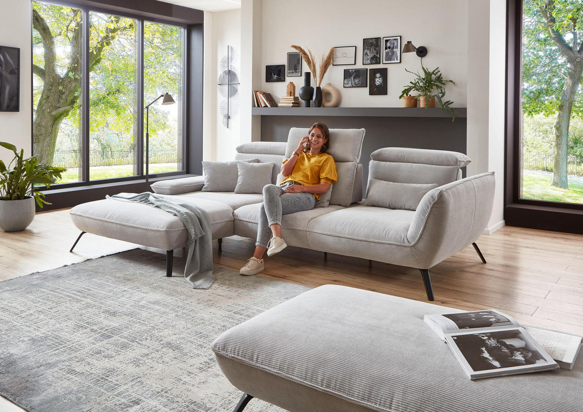 ECKSOFA Hellgrau Cord  - Hellgrau/Schwarz, Design, Textil/Metall (196/301cm) - Moderano