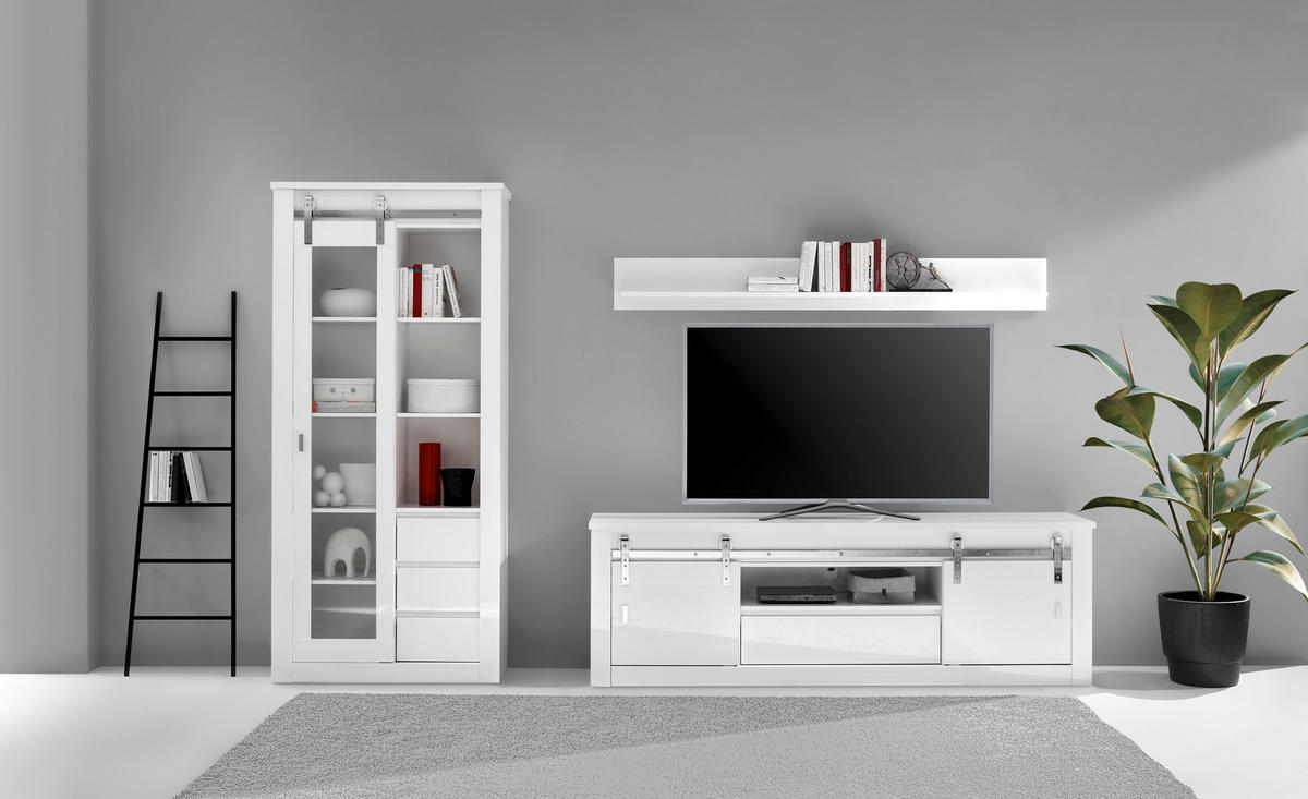 WOHNWAND 3-teilig  in Weiß, Weiß Hochglanz  309/200/43 cm  - Chromfarben/Weiß Hochglanz, Design, Holzwerkstoff/Metall (309/200/43cm) - Livetastic