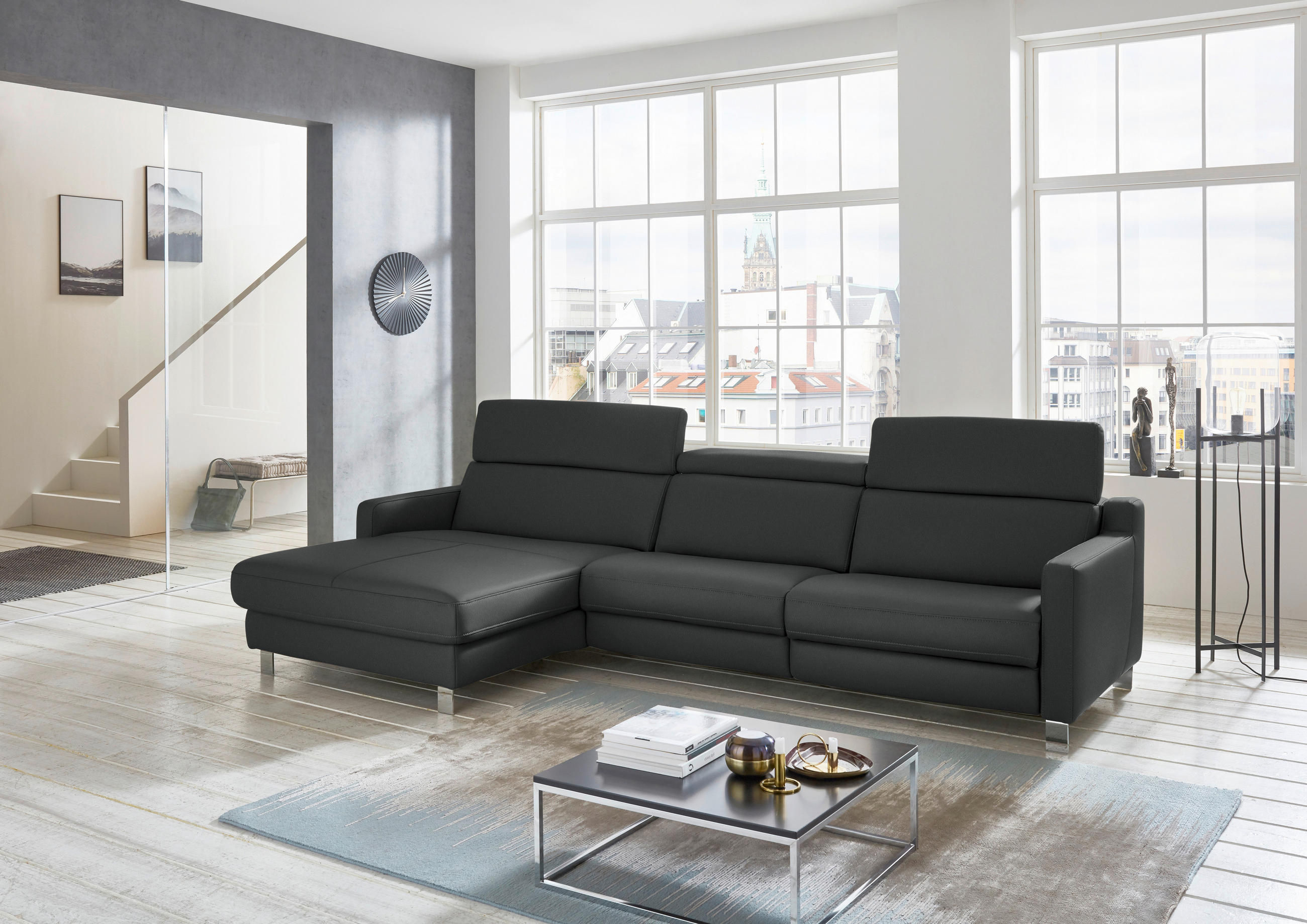 ECKSOFA in Echtleder Anthrazit  176/291 cm  - Chromfarben/Anthrazit, Design, Leder/Metall (176/291cm) - Valdera