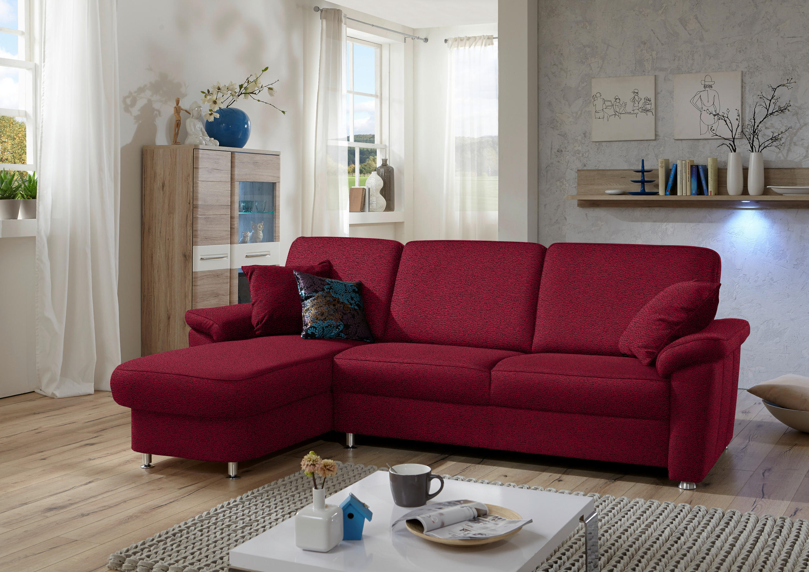 ECKSOFA in Flachgewebe Weinrot  - Chromfarben/Weinrot, Konventionell, Textil/Metall (163/250cm) - Beldomo System