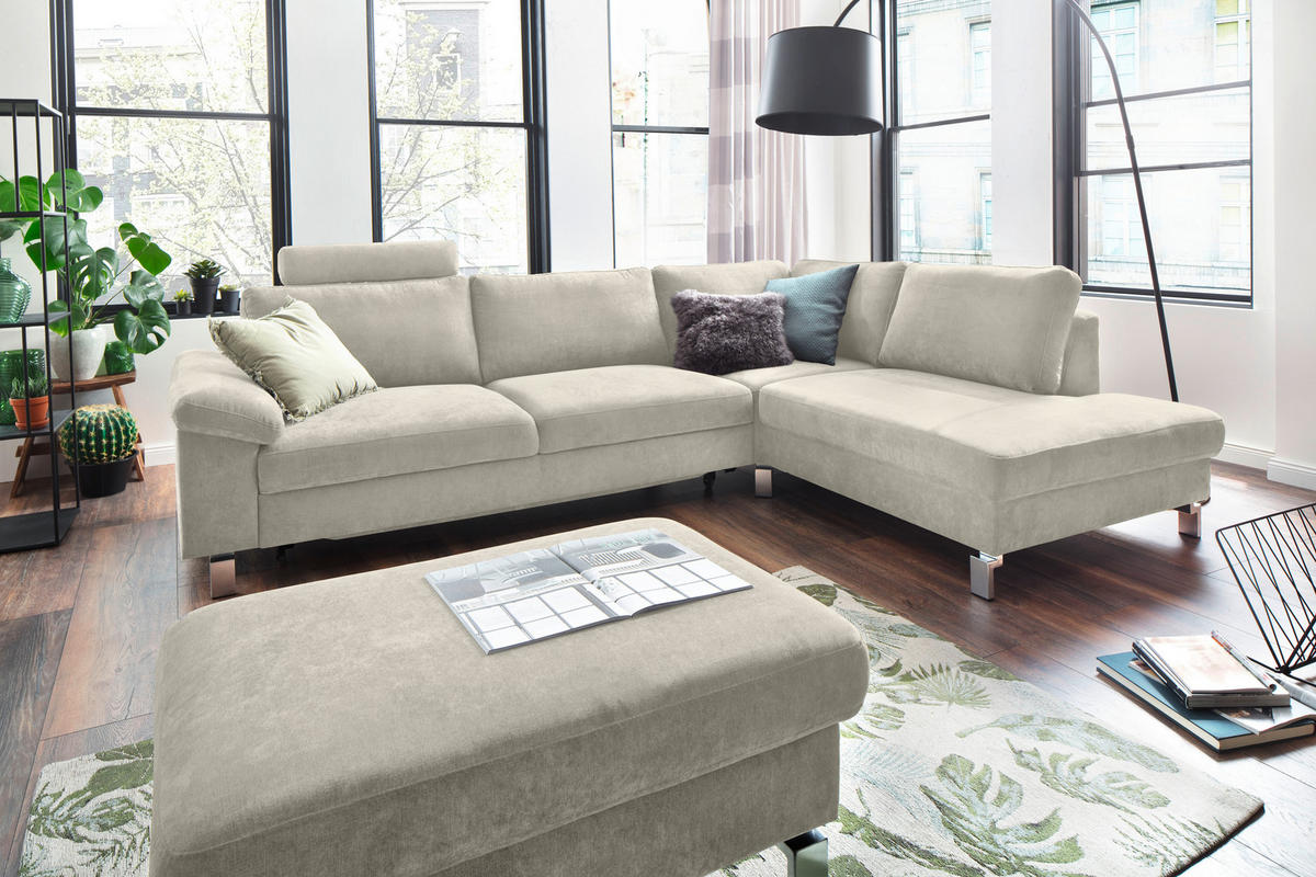 ECKSOFA in Velours Creme  - Chromfarben/Creme, Design, Textil/Metall (281/200cm) - Hom`in