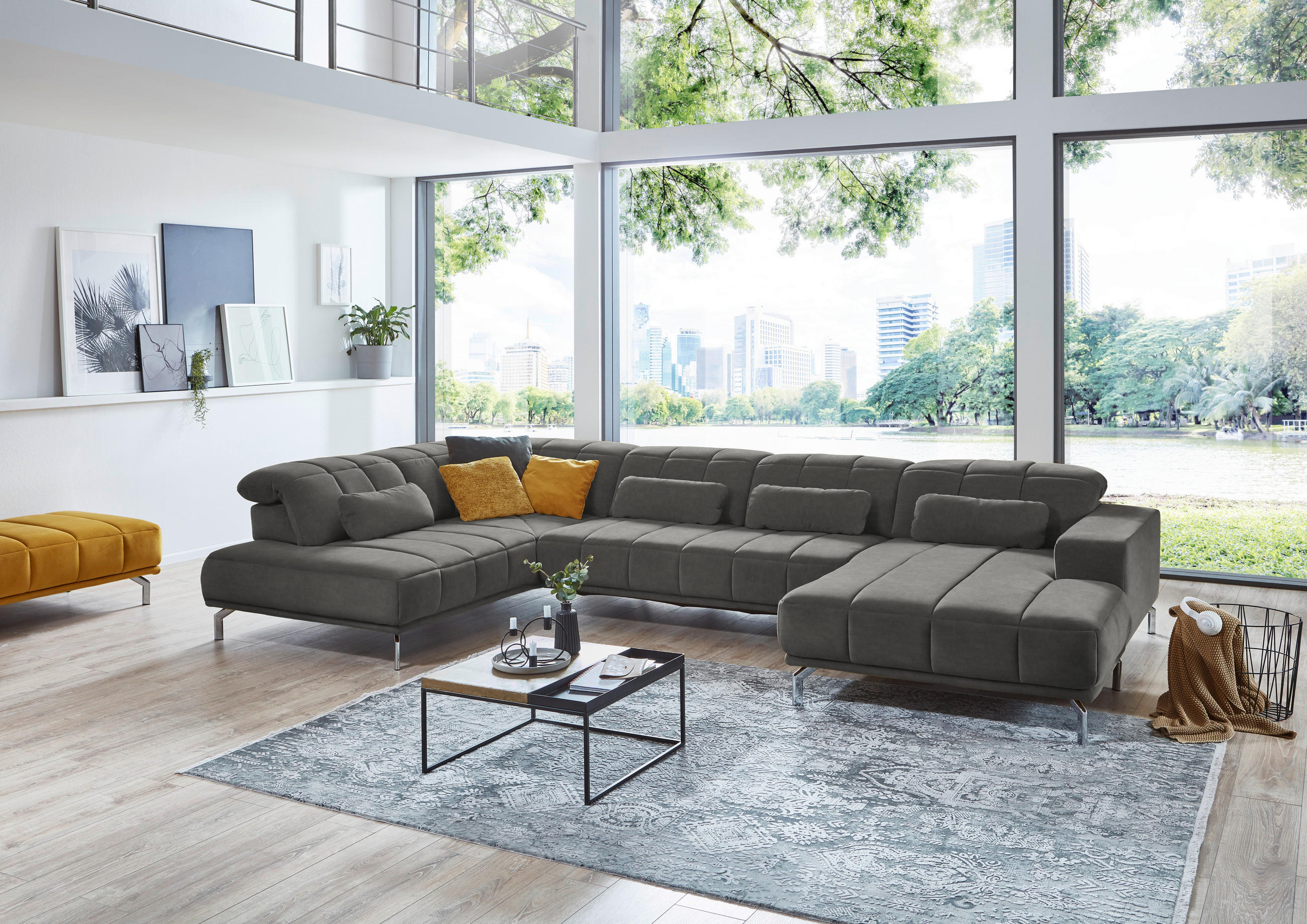 WOHNLANDSCHAFT Hellgrau Velours - Hellgrau/Schwarz, Design, Textil/Metall (195/383/219cm) - Beldomo Style