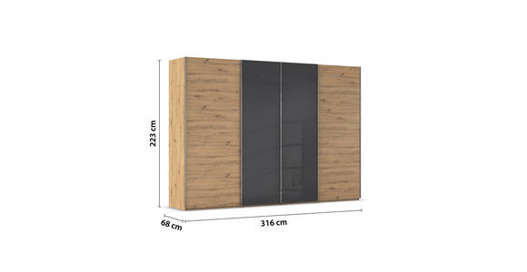 SCHWEBETÜRENSCHRANK 316/223/68 cm 4-türig Schwarz, Eiche Artisan - Chromfarben/Schwarz, KONVENTIONELL, Glas/Holzwerkstoff (316/223/68cm) - Novel