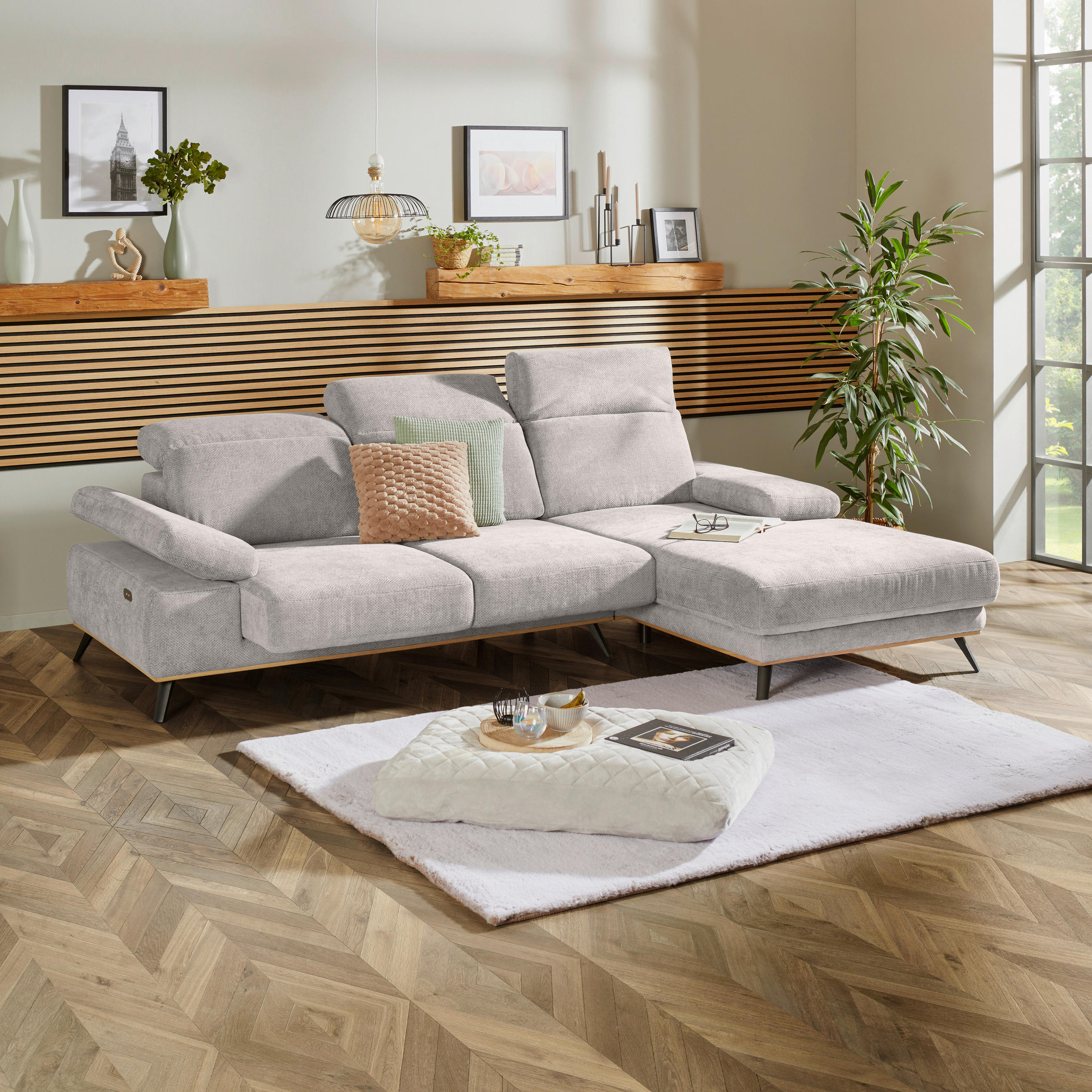 ECKSOFA ROYCE Perlmutt Struktur  - Perlmutt/Schwarz, MODERN, Textil/Metall (283/194cm) - MID.YOU