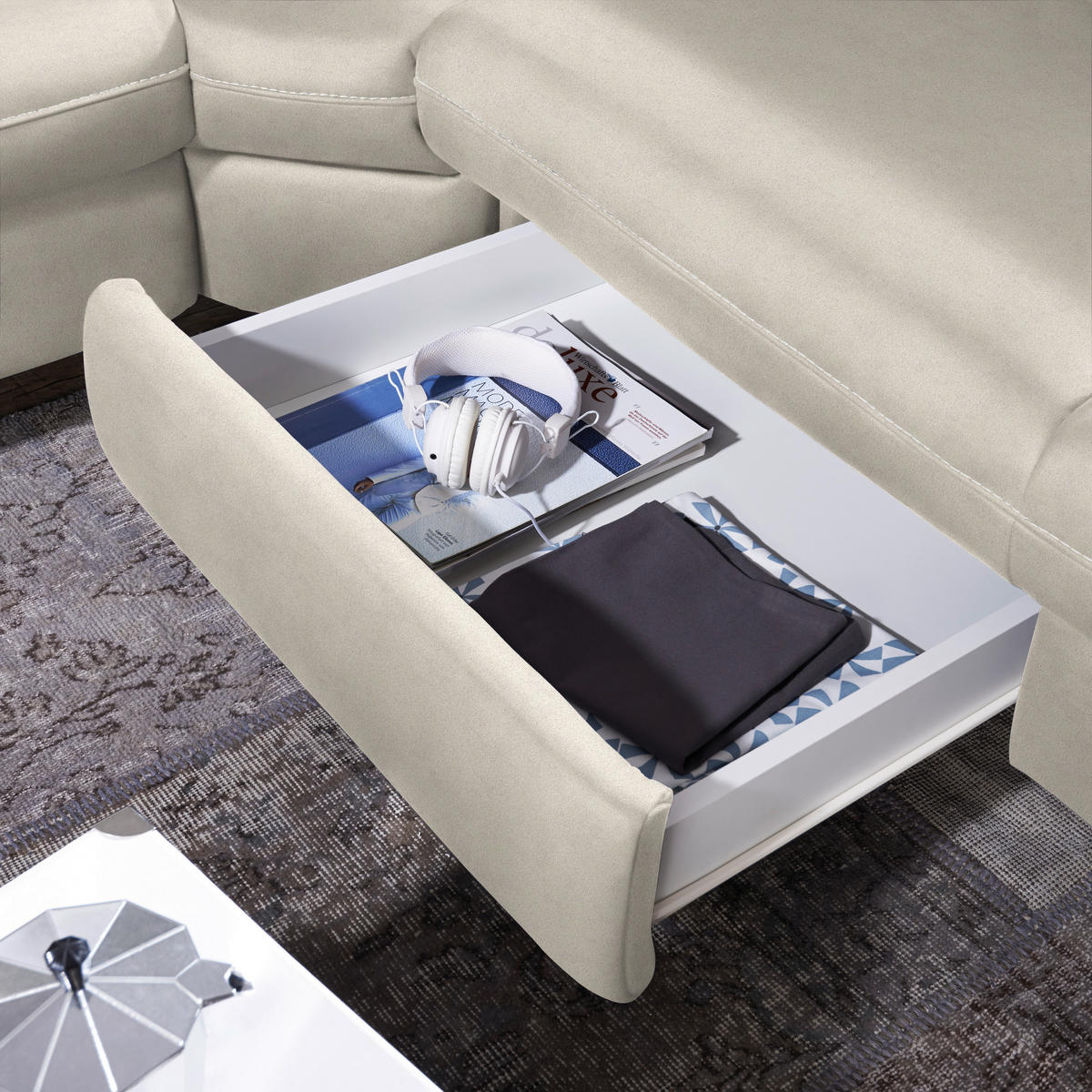CANAPÉ D'ANGLE in Flachgewebe, Mikrofaser Ecru  - Ecru/Beige, Design, Textil/Metall (271/239cm) - Cantus