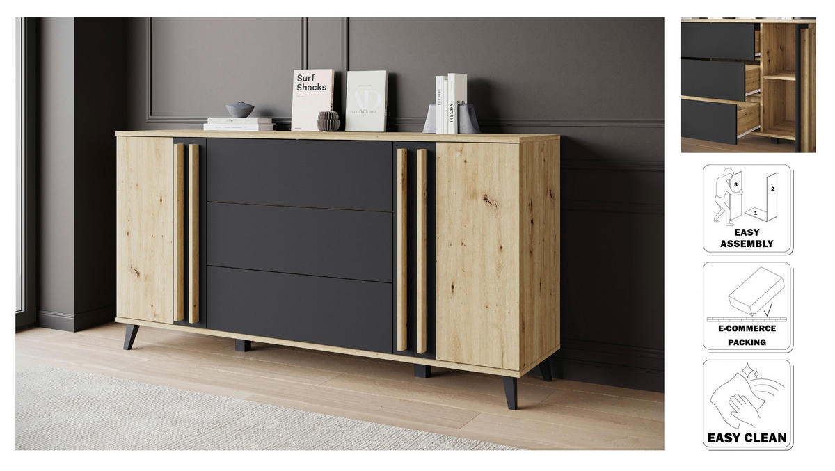 SIDEBOARD 150/77,8/39,5 cm  in Schwarz, Eiche Artisan  - Schwarz/Eiche Artisan, Trend, Holzwerkstoff/Kunststoff (150/77,8/39,5cm)