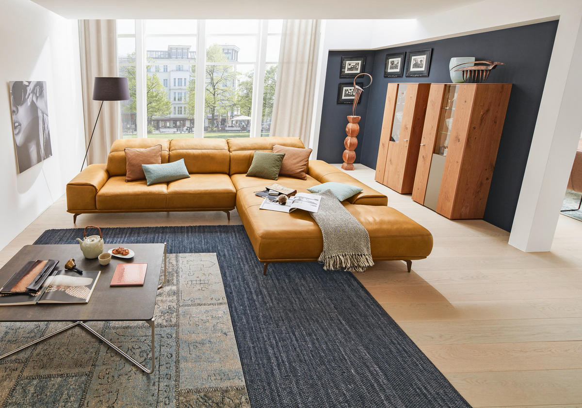 ECKSOFA MR 2490 Gelb Echtleder  - Gelb/Bronzefarben, Design, Leder/Metall (342/207cm) - Musterring