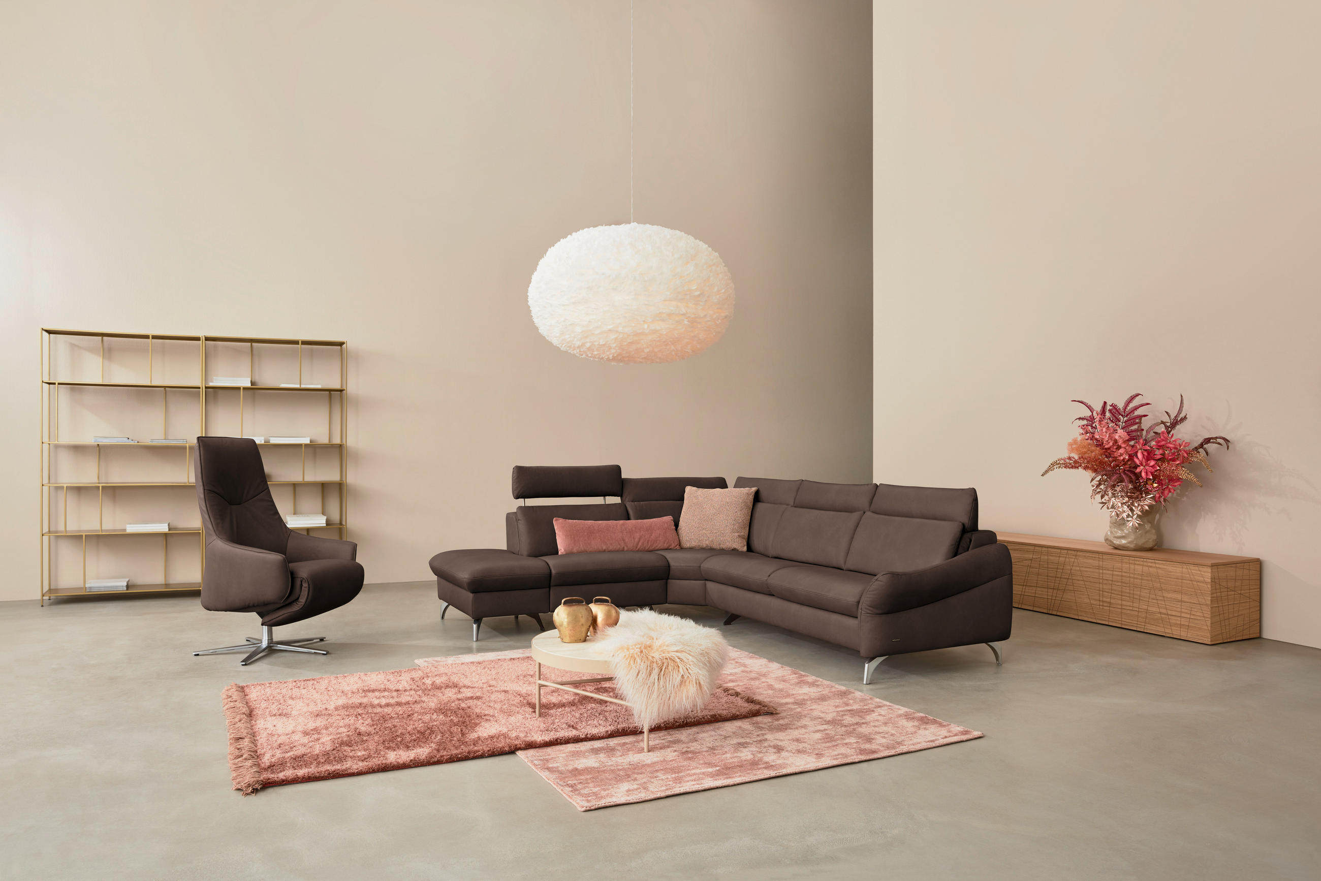 ECKSOFA in Echtleder Dunkelbraun  - Edelstahlfarben/Dunkelbraun, Konventionell, Leder/Metall (242/296cm) - Himolla Komfortklass