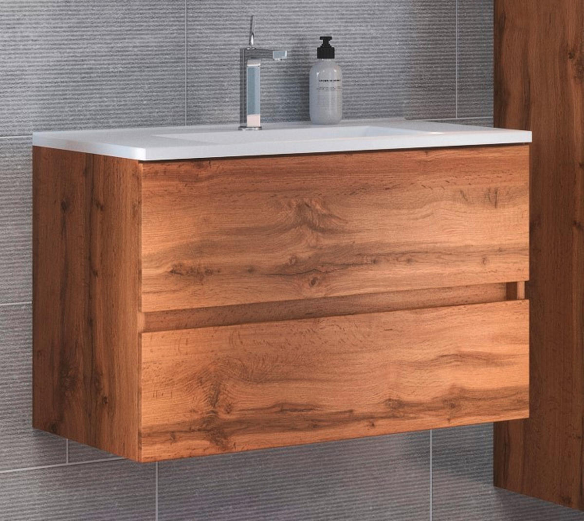 WASCHTISCHKOMBI 80 cm  - Eiche Wotan/Weiß, Natur, Holzwerkstoff/Stein (80cm) - Held
