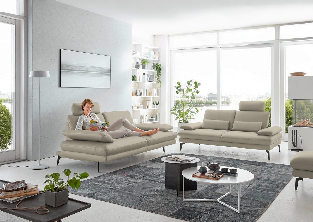 3-SITZER-SOFA in Echtleder Ecru  - Ecru/Schwarz, Design, Leder/Metall (222/86/104cm) - Dieter Knoll