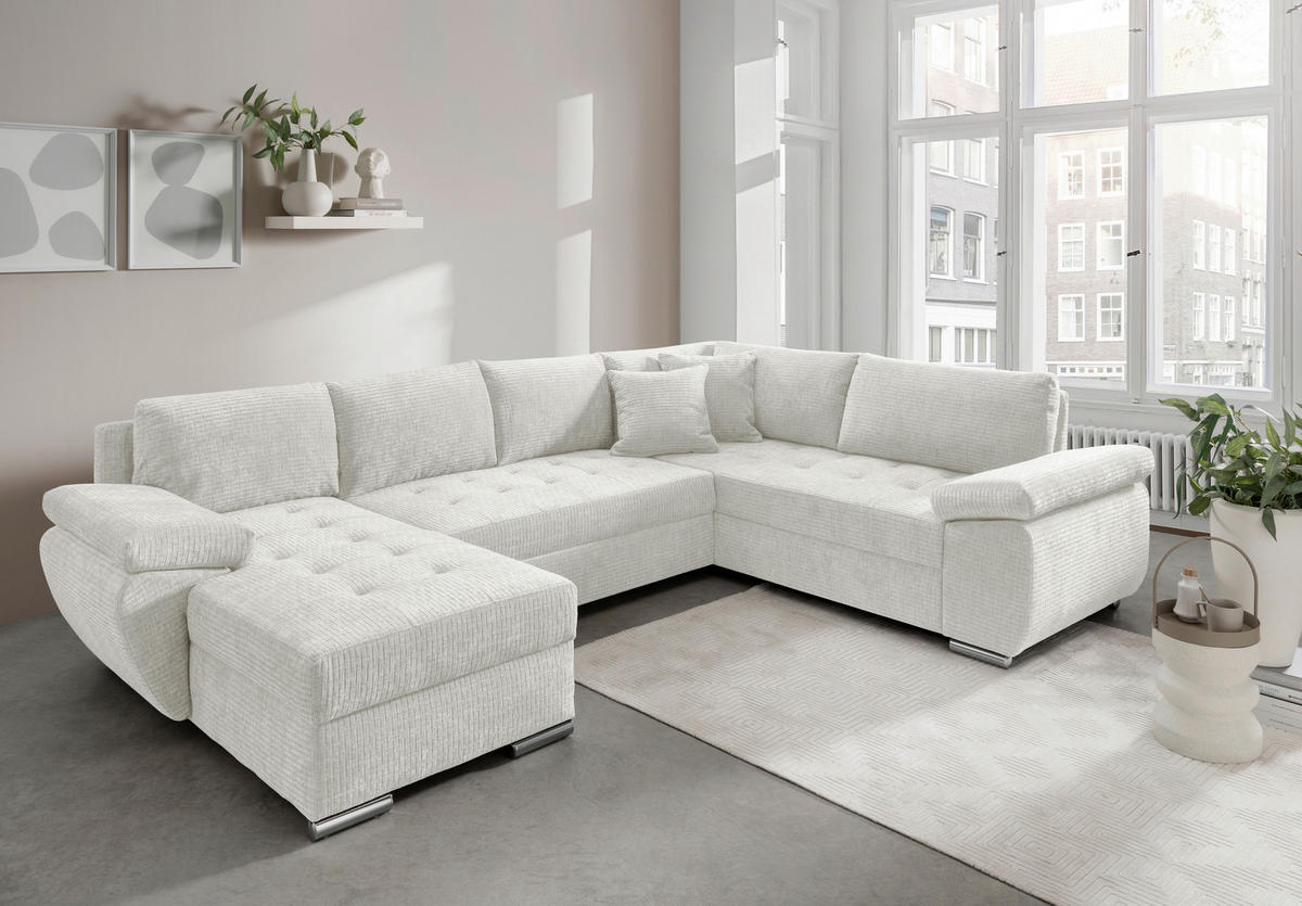 WOHNLANDSCHAFT Creme Mikrofaser  - Chromfarben/Creme, KONVENTIONELL, Textil/Metall (157/305/219cm) - Livetastic
