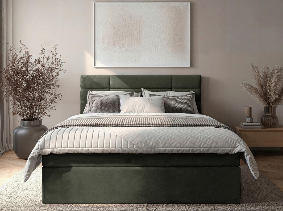BOXBETT 140/200 cm,  in Dunkelgrün, Matratze, Rollrost, Topper, H2 = mittel  - Dunkelgrün/Schwarz, KONVENTIONELL, Holz/Kunststoff (140/200cm) - Boxxx
