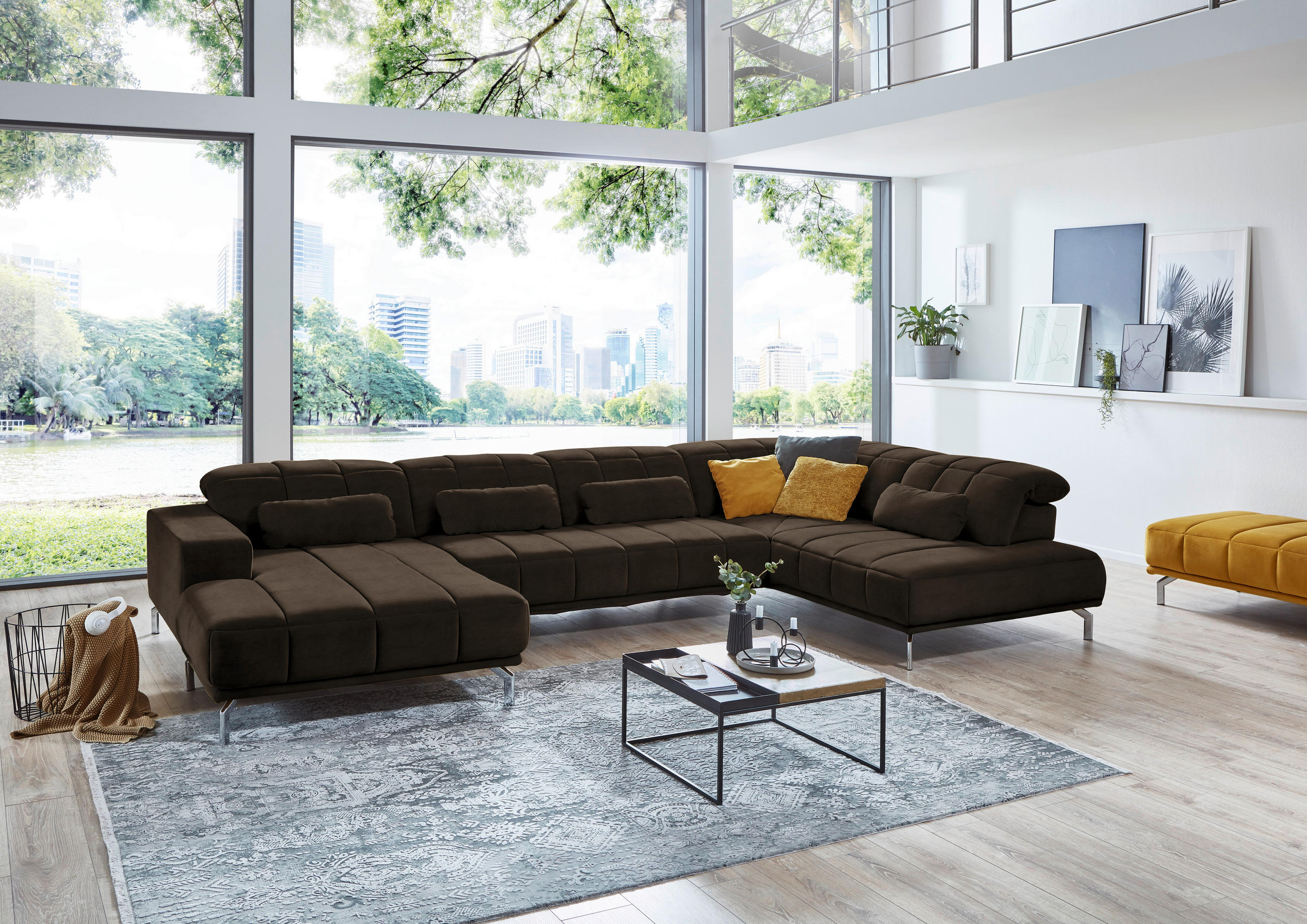 WOHNLANDSCHAFT in Velours Braun  - Schwarz/Braun, Design, Textil/Metall (195/383/219cm) - Beldomo Style
