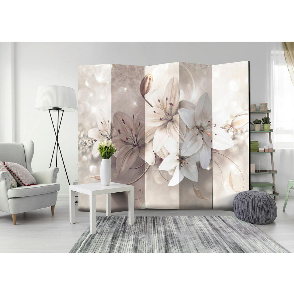 Thumbnail - artgeist Paravent, Weiß, Beige, Perlmutt, Holz, Textil, Kiefer, massiv, Blume, 225x172x3 cm, Motiv auf Vorderseite, Wohn...