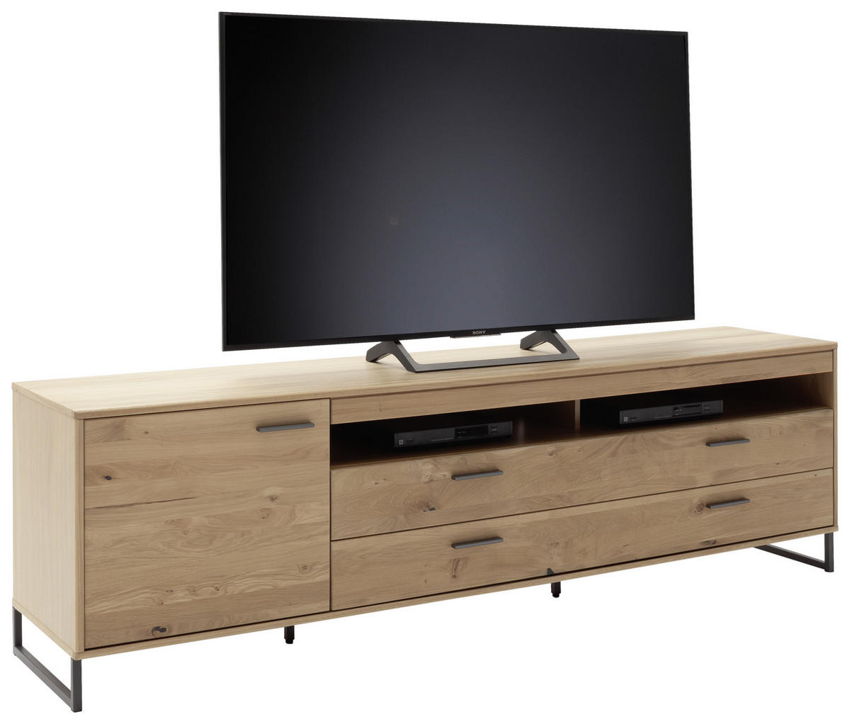 MEDIABÄNK i faner, massiv kvistek ekfärgad  - svart/ekfärgad, Design, metall/trämaterial (224/67/50cm) - Livetastic