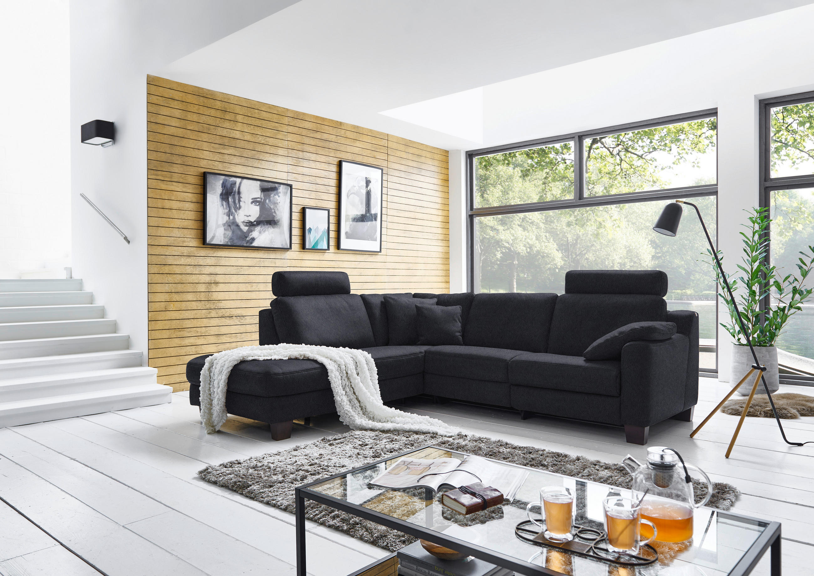 ECKSOFA in Echtleder Schwarz  - Eichefarben/Schwarz, Design, Leder/Holz (235/259cm) - Valdera