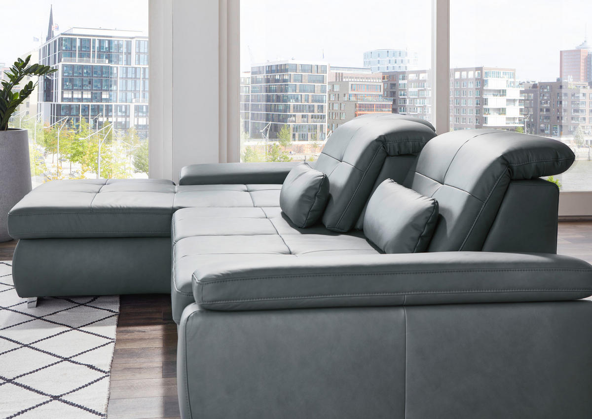 ECKSOFA in Echtleder Beige  - Beige/Alufarben, Design, Leder/Metall (195/309cm) - Beldomo Premium