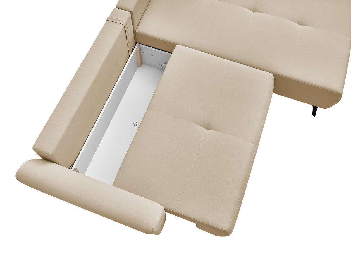 ECKSOFA GEMMA Beige Flachgewebe Zierkissen, Rückenkissen, Bettkasten, Schlaffunktion, Rücken echt, Stauraum  - Beige/Schwarz, Design, Textil/Metall (270/183cm) - P & B