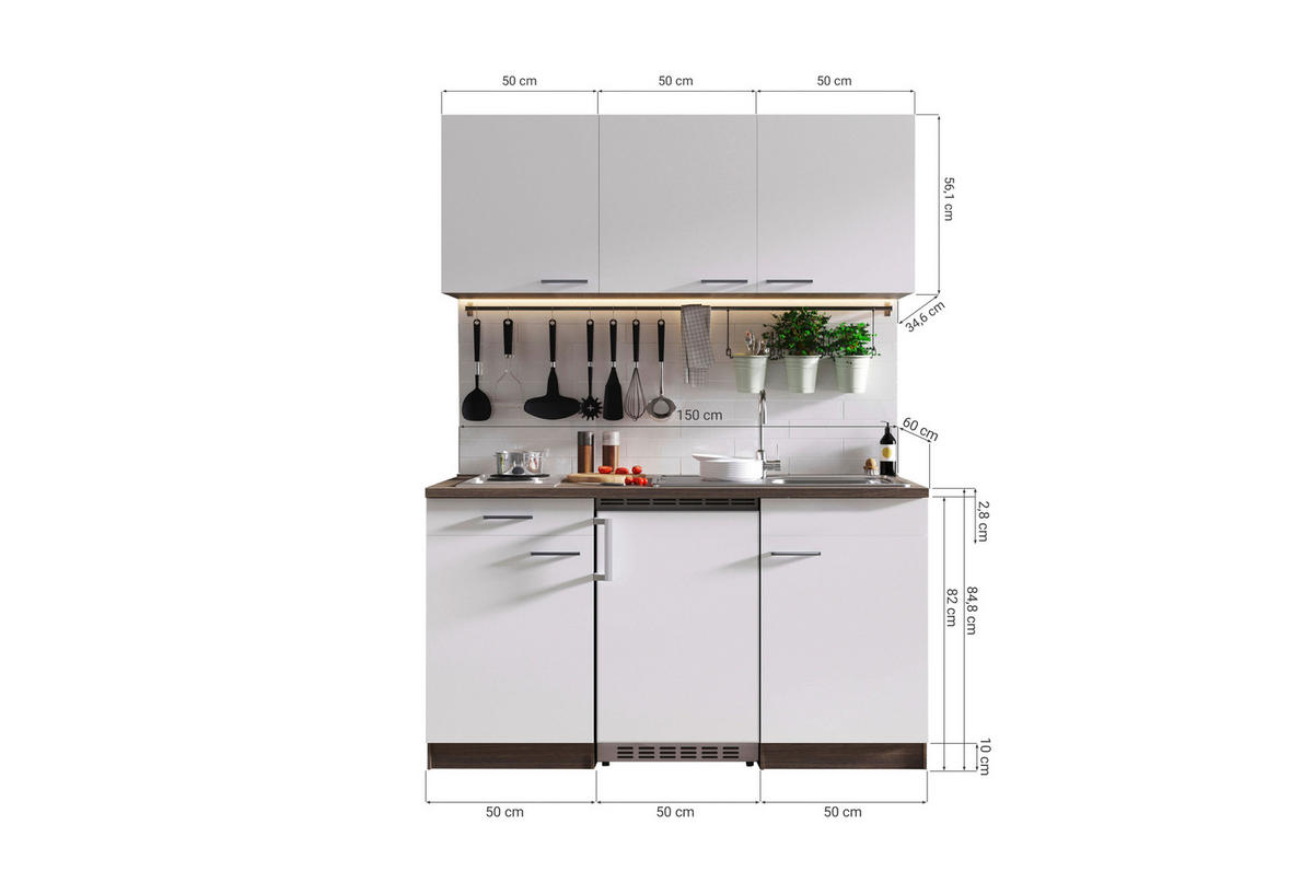 MINIKÜCHE 150 cm   in Grau  - Eichefarben/Alufarben, Basics, Holzwerkstoff/Kunststoff (150cm) - Respekta