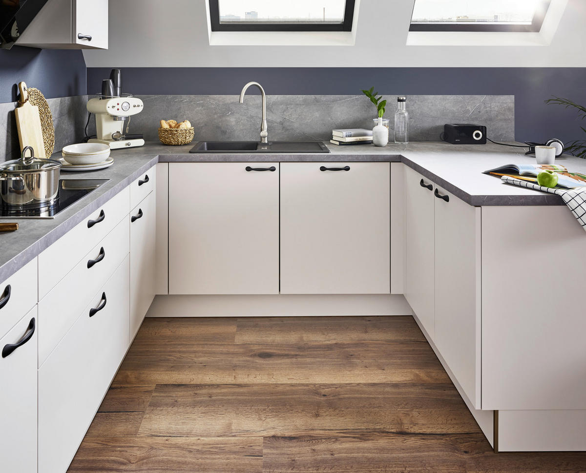 EINBAUKÜCHE UNO  - Creme/Schwarz, Design, Holzwerkstoff/Metall - Moderano