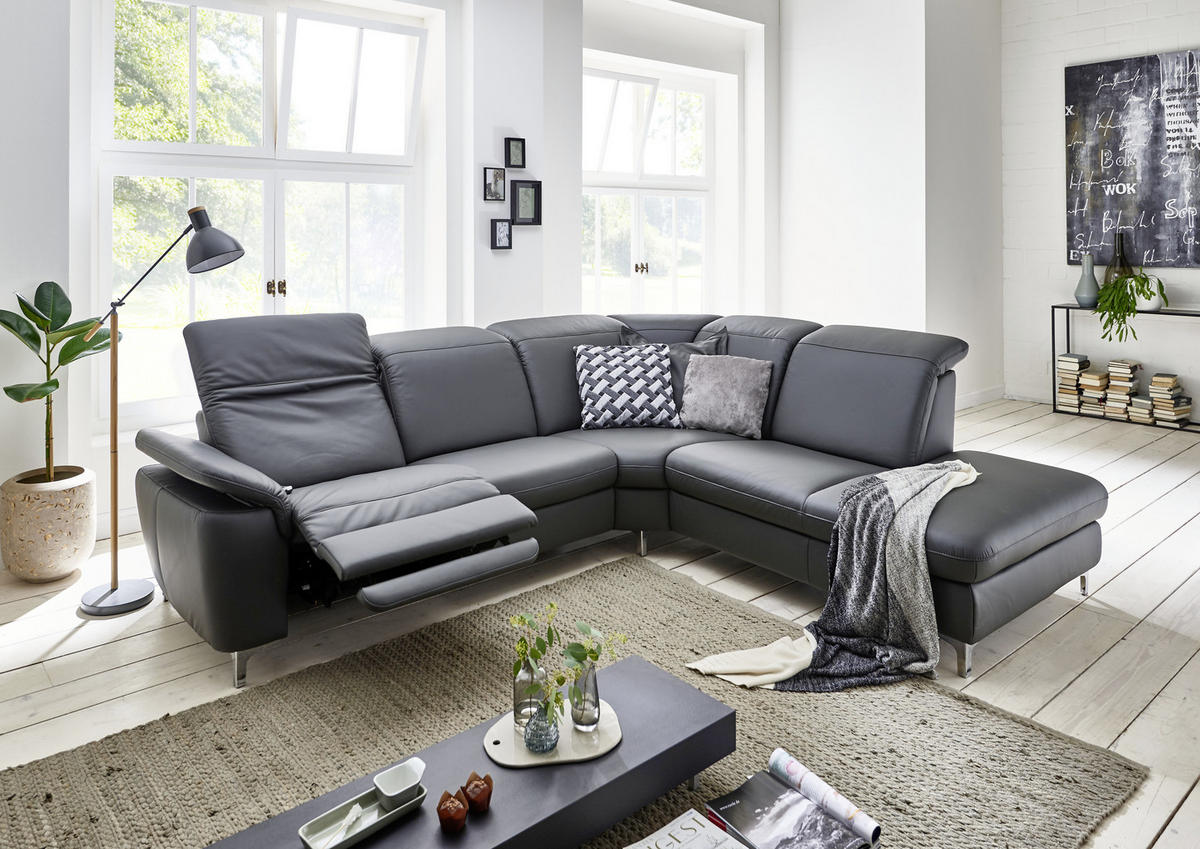 ECKSOFA Anthrazit Echtleder  - Chromfarben/Anthrazit, KONVENTIONELL, Leder/Metall (292/242cm) - Cantus