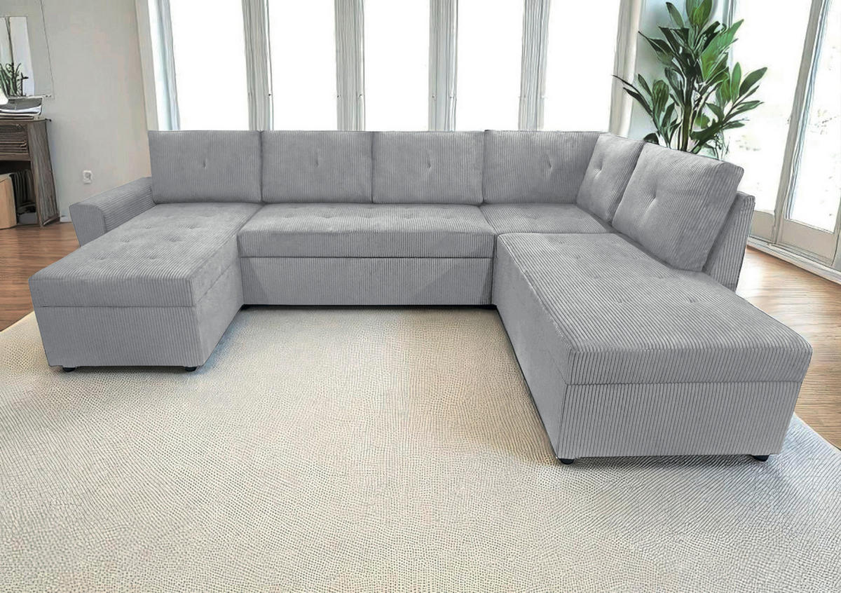 WOHNLANDSCHAFT Hellgrau Cord  - Hellgrau/Schwarz, Design, Kunststoff/Textil (155/297/212cm) - MID.YOU