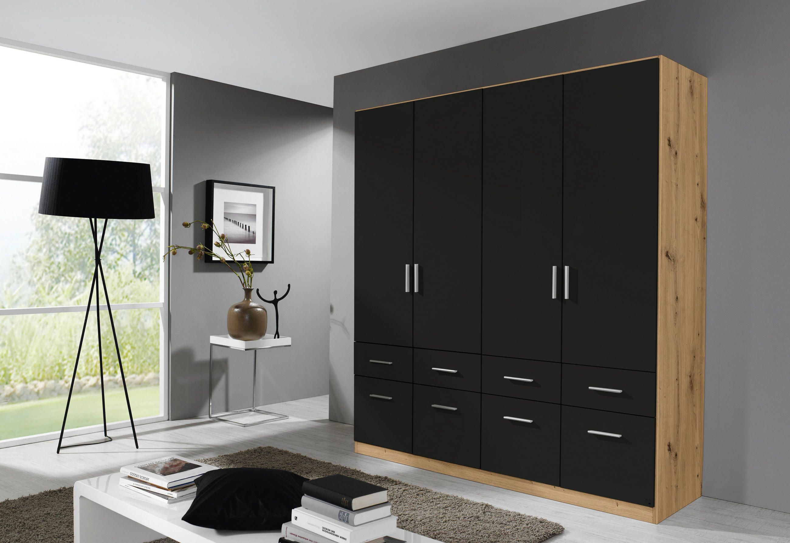 DREHTÜRENSCHRANK in Eiche Artisan, Grau  - Chromfarben/Eiche Artisan, Modern, Holzwerkstoff/Kunststoff (181/210/54cm) - Rauch Möbel