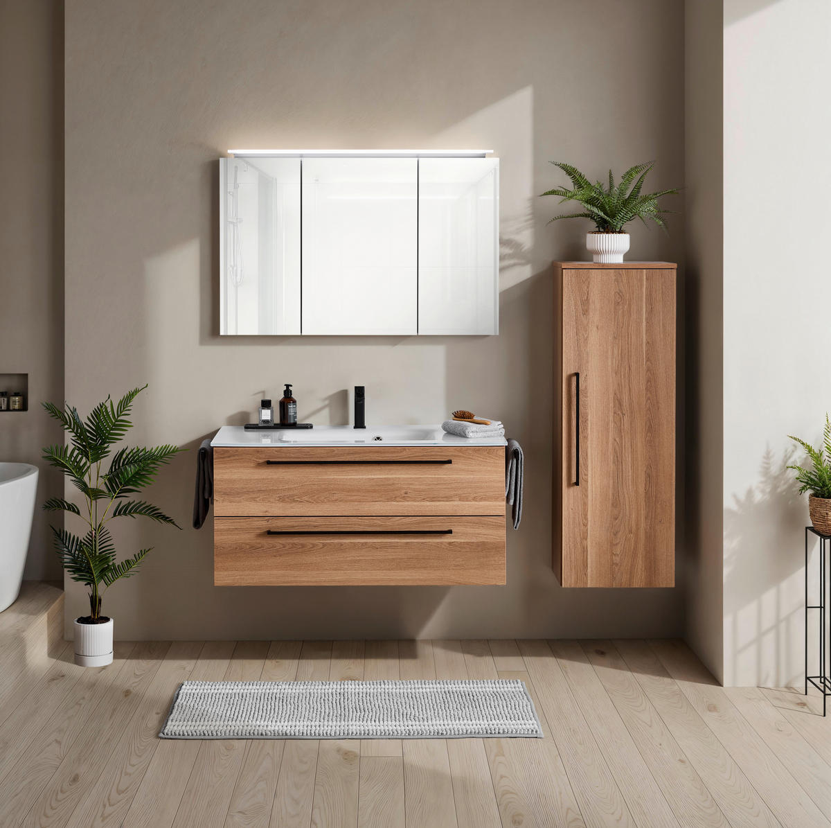 BADEZIMMER 3-teilig  in 101,2 cm  - Eichefarben/Schwarz, KONVENTIONELL, Glas/Holzwerkstoff (101,2cm) - Novel