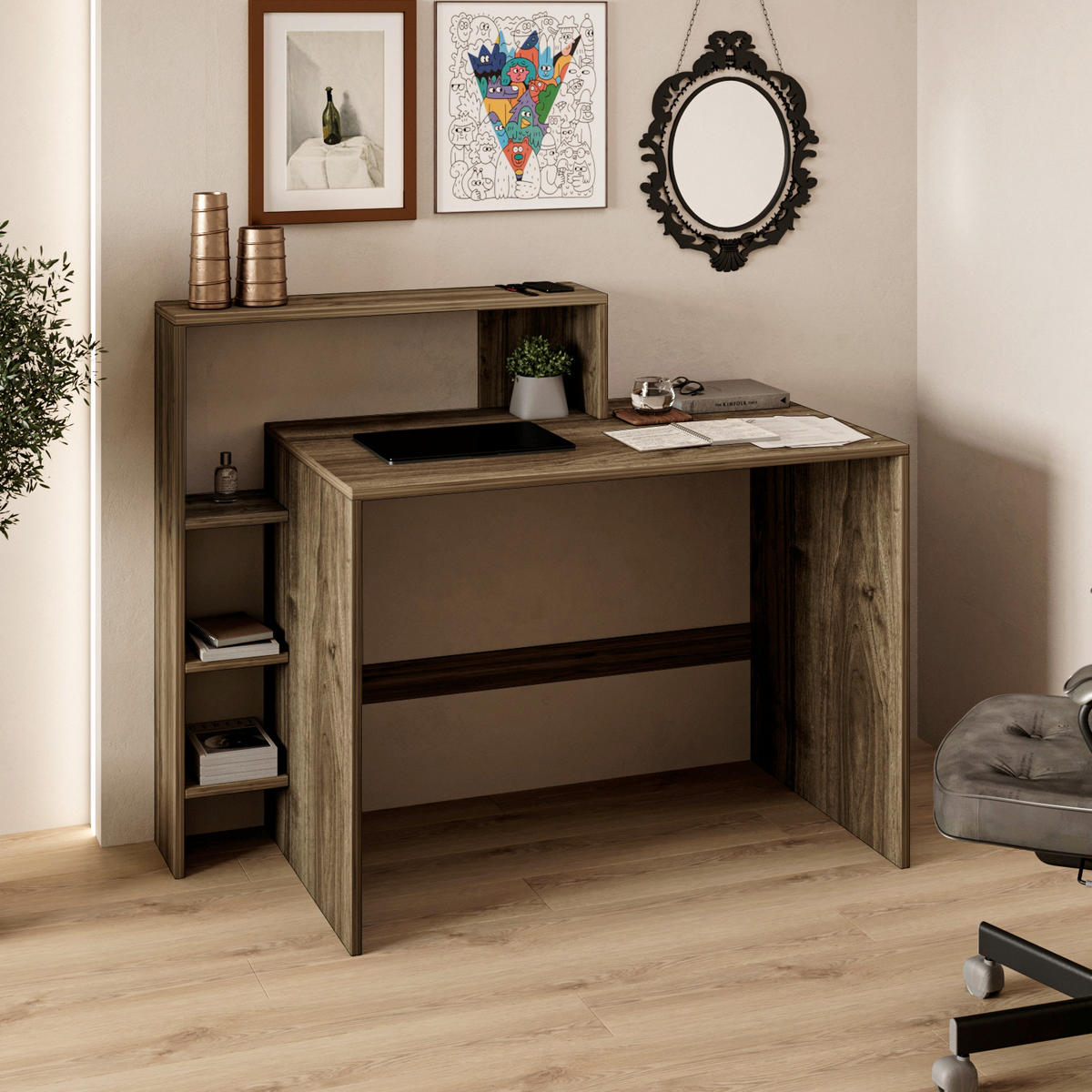 SCHREIBTISCHKOMBINATION  in Walnussfarben  - Walnussfarben/Weiß, Design, Holzwerkstoff (120/55/96cm) - Livetastic