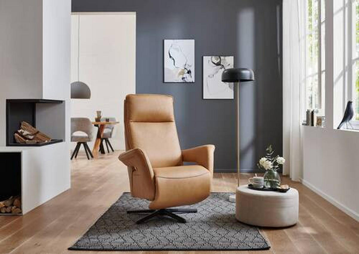 RELAXSESSEL Echtleder Relaxfunktion, Fußteilverstellung    - Schwarz/Honig, Design, Leder/Metall (83/112/87-174cm) - Valdera