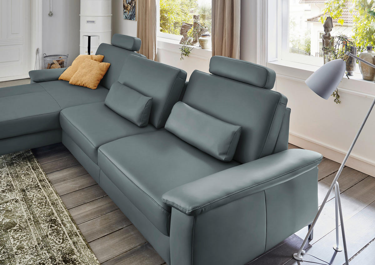 ECKSOFA in Echtleder Blaugrau  - Blaugrau/Schwarz, Design, Leder/Metall (176/334cm) - Dieter Knoll