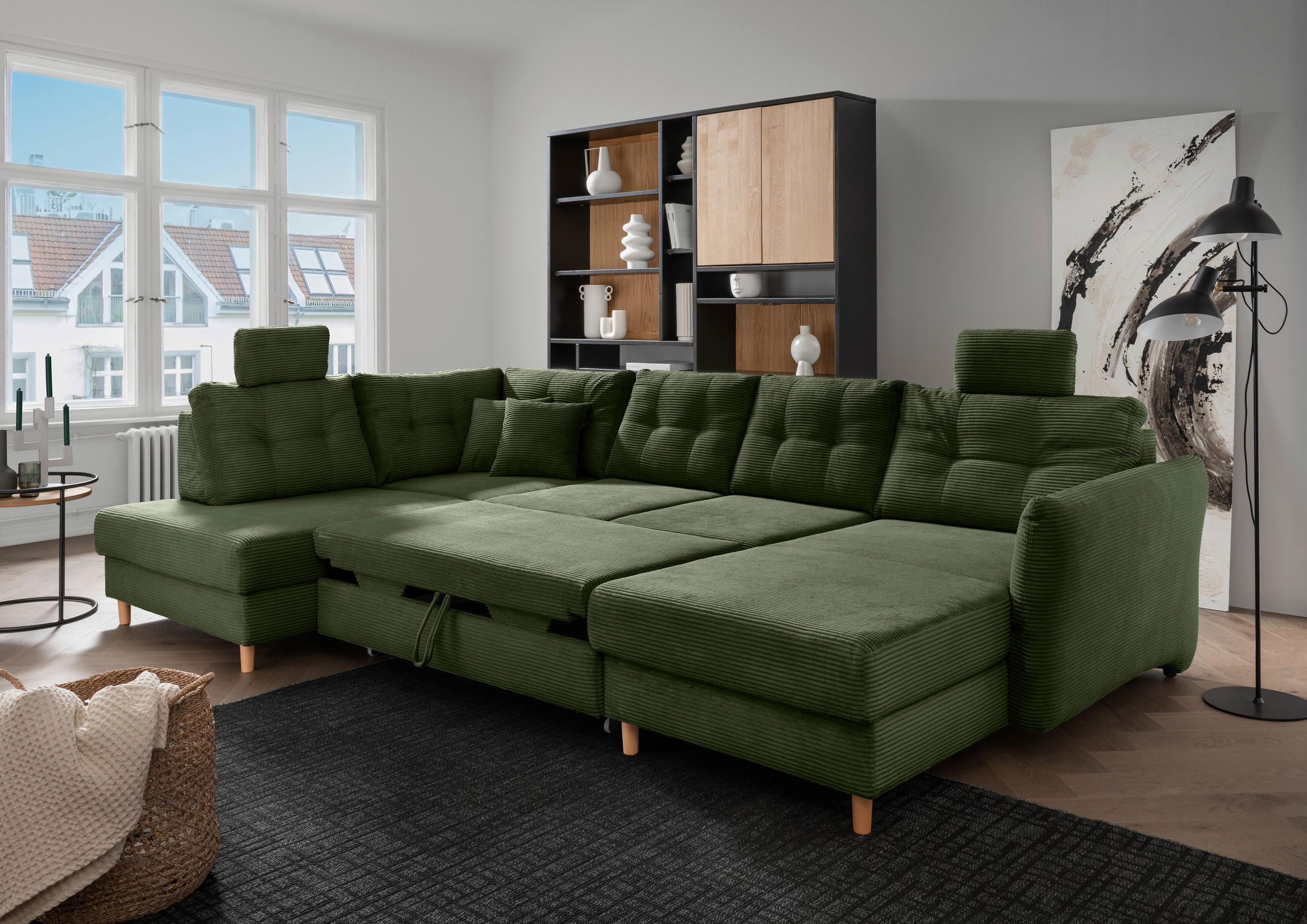WOHNLANDSCHAFT in Cord Dunkelgrün  - Dunkelgrün/Naturfarben, Modern, Holz/Textil (206/338-352/176cm) - Livetastic