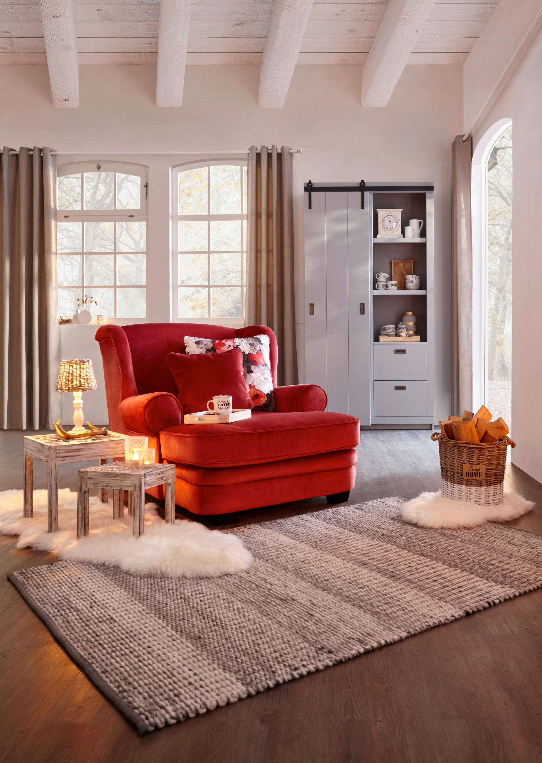KRESLO UŠIAK, textil, červená - viacfarebná/tmavohnedá, Trend, drevo/textil (121/100/140cm) - Ambia Home